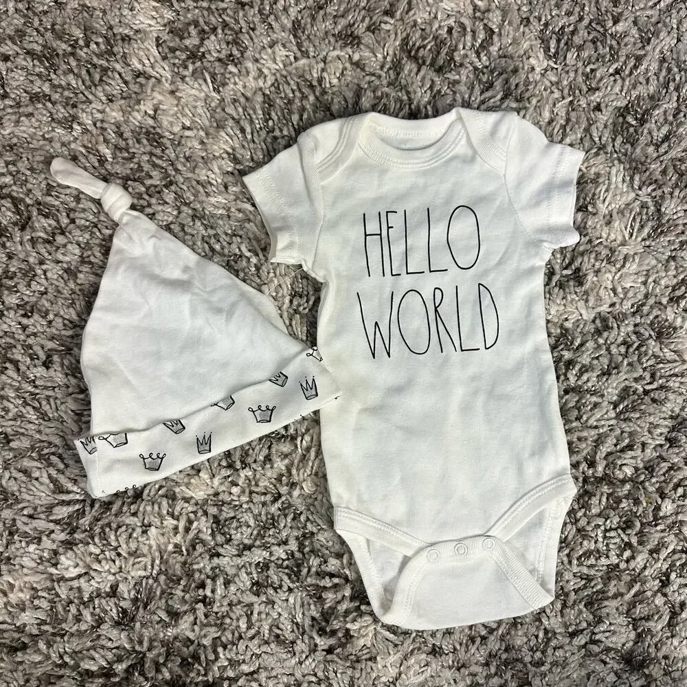 Rae Dunn Hello World Onesie Bodysuit Hat Set Baby Boy Girl 3-6 Months